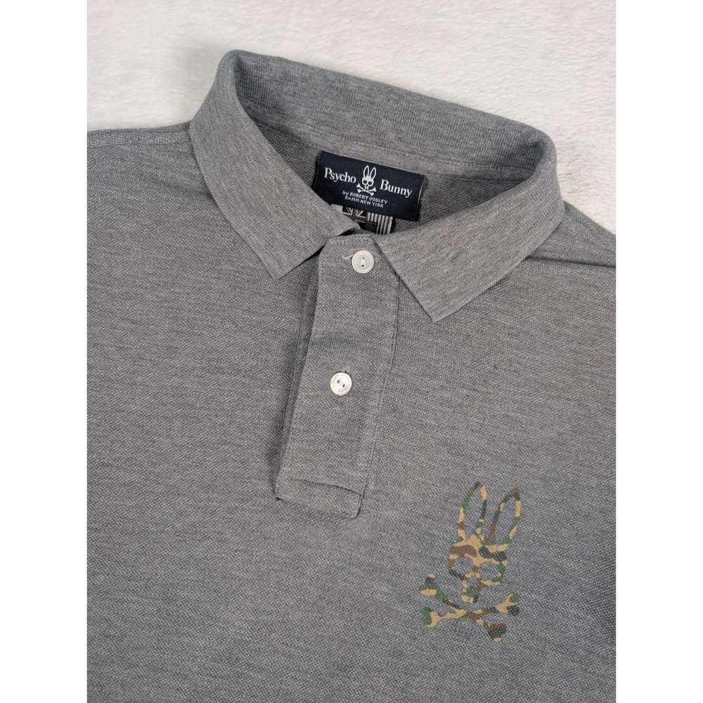 Psycho Bunny Polo Shirt Mens sz 2 XXS Gray Big Bunny Camo Logo Cotton